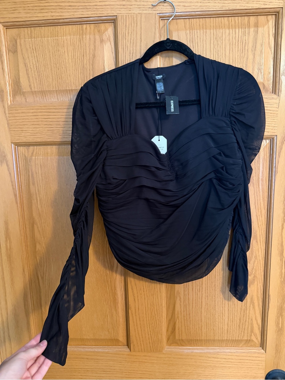Express Black Ruched Long-Sleeve Draped Top with Sheer Sleeves